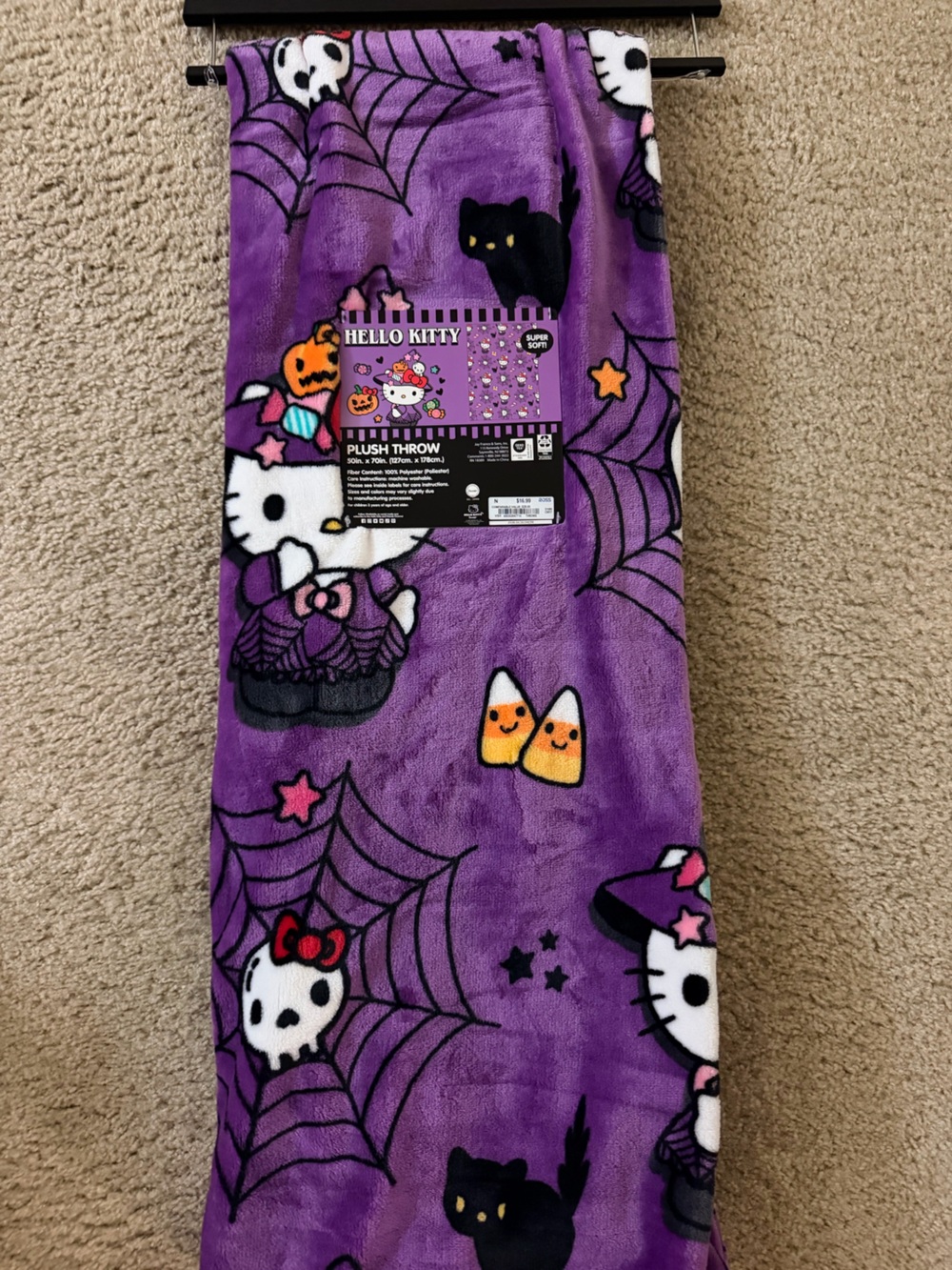 Hello Kitty Purple Halloween Plush Throw with Candy Corn & Spiders